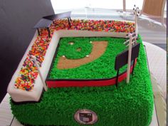 a cake that looks like a baseball field with a flag on top and sprinkles all over it