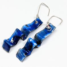 These Handcrafted Statement Earrings Are Made Of Copper With Layers Of Lead-Free Vitreous Enamel With A Kiln Firing After Each. They Are Have Accordion Folds And Are About 3" Long. They Have Sterling Silver Ear Wires. One Of A Kind And Brand New Without Tags Blue Enamel Dangle Jewelry, Unique Blue Drop Earrings, Nickel-free Blue Enamel Jewelry, Unique Blue Dangle Earrings, Blue Unique Drop Earrings, Unique Blue Metal Earrings, Unique Blue Earrings With Ear Wire, Blue Enamel Jewelry With Matching Earrings, Blue Metal Earrings For Gift