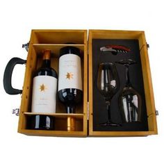 two wine glasses and one bottle in a wooden box