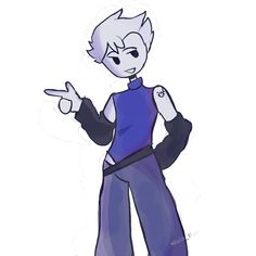 an image of a cartoon character in blue and purple clothes with one hand out to the side