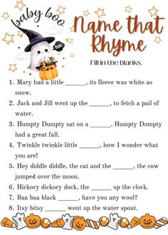 a printable halloween poem with pumpkins and witches on it, which reads name that rhyme