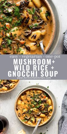 mushroom wild rice and gnocchini soup in a bowl