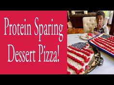 a boy sitting at a table with an american flag cake on top of it and the words protein sparing dessert pizza