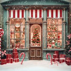 a store front decorated for christmas with candy canes