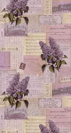 purple lilacs are in a glass vase on top of some old letters and papers