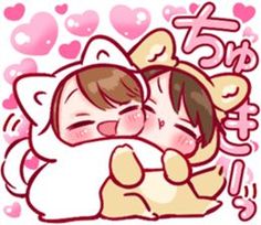 two cats hugging each other in front of pink hearts and the words i love you