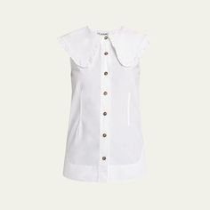 Ganni poplin shirt. Collared neckline; button front. Sleeveless. Relaxed fit. Shirttail hem. Cotton. Imported. Chic Sleeveless Cotton Shirt, White Sleeveless Shirt For Work, Classic Sleeveless Summer Shirt, Classic Sleeveless Blouse With Buttons, Classic Sleeveless Buttoned Blouse, Sleeveless Shirt For Spring Daywear, Sleeveless Spring Daywear Shirt, White Sleeveless Shirt For Daywear, Casual Tops With Detachable Collar