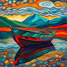 a painting of a boat on the water with mountains in the background and clouds above it