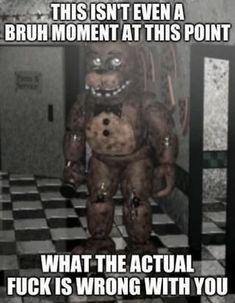 a creepy looking teddy bear standing in the middle of a room with black and white checkered flooring