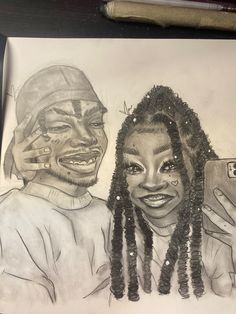 a pencil drawing of two people with faces painted on them, one is holding a cell phone