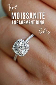 a woman's hand holding a engagement ring with the words top 5 moisanite engagement