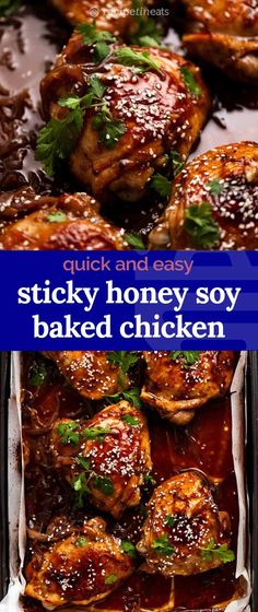 baked honey soy chicken in a pan with text overlay that reads quick and easy sticky honey soy baked chicken