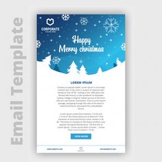 a merry christmas flyer with snowflakes and trees in the background, on a white background