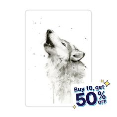 a black and white drawing of a wolf with the words buy 10 get 50 % off