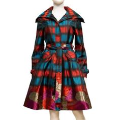 Nwt Samuel Dong Floral Striped Zip Up Bubble Coat Dress L Front Zip And Snap Overlay Stand Collar Front Pockets Tie Waist Bubble Hem Wear As A Dress Or Jacket Vibrant Colors Designer Silk Outerwear For Party, Designer Silk Party Outerwear, Blue Silk Outerwear For Fall, Elegant Multicolor Silk Outerwear, Designer Fitted Multicolor Outerwear, Bubble Coat, Trench Dress, Ruffle Jacket, Jacquard Jacket