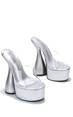 These heels has a thick platform and runs true to size. Silver Platforms, Very High Heels, Chunky Heel Shoes, Denim Boots, Boot Jewelry, Chunky High Heels, Platform Heels Chunky, Platform High Heels, Silver Heels