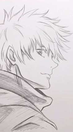 a pencil drawing of an anime character with short hair and eyes, looking to the side