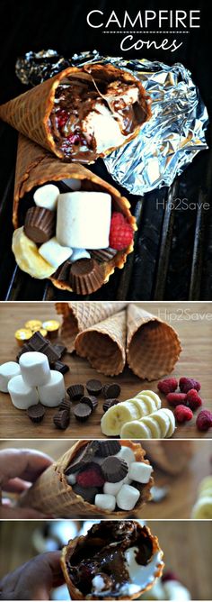 an ice cream sundae with chocolate, marshmallows and raspberries