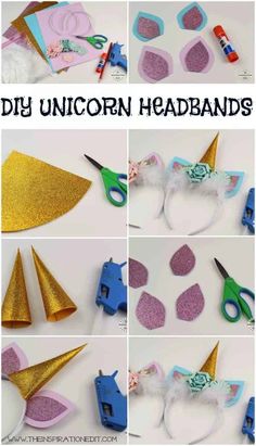 diy unicorn headbands made from construction paper and glitter with scissors, glue, tape, and other crafting supplies