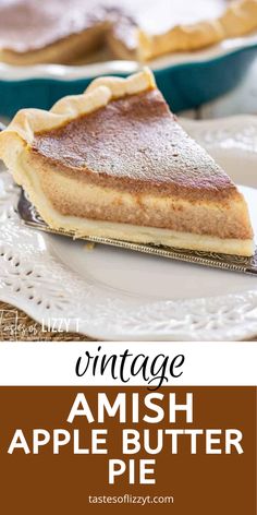 a slice of vintage amish apple butter pie on a white plate with the title overlay