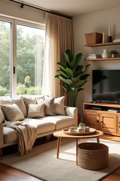 a living room filled with furniture and a flat screen tv sitting on top of a wooden table