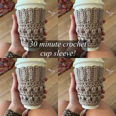 there is a woman holding a coffee cup in one hand and the other has a crochet pattern on it