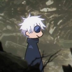 an anime character with white hair and blue eyes looking at something in the distance behind him