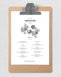 a clipboard with a menu on it that says cafe grenadinene paris