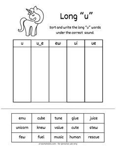 the long u worksheet with words and pictures to help students learn how to read