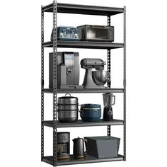 an industrial shelving unit with various appliances