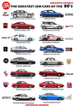 an advertisement for the japanese car show with cars in different colors and numbers on it