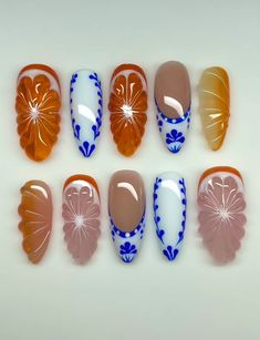 Orange And Blue Nails Design, Blue Fruit, Luxury Press On Nails, Blue Fruits, Vibrant Nails, Orange Nails, Nail Sizes