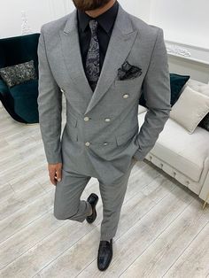 Palermo Light Gray Slim Fit Double Breasted Suit-baagr.myshopify.com-1-BOJONI Pants Gift, Suit Material, Slim Fit Suits, Fashion Suits For Men, Slim Fit Suit, Double Breasted Suit, Suit Fashion, Tie And Pocket Square, Italian Style