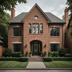 a large brick house with lots of windows and bushes on the front lawn in front of it