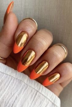 Nails With Orange Tips, Nails With Orange, Chrome Nail Design, Tip Nail Ideas, French Tip Nail Ideas, Orange Tips, Orange Chrome, Bling Makeup