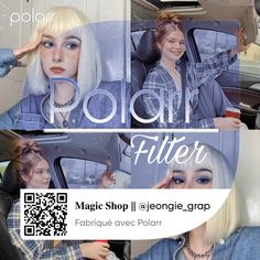 a woman sitting in a car with her hair styled to look like a doll and the words polar filter