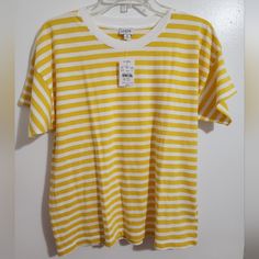 Brand New Women's T-Shirt Yellow And White Stripe Size Medium Yellow Relaxed Fit T-shirt For Spring, Yellow Crew Neck T-shirt For Spring, Mustard Crew Neck Top For Spring, Spring Mustard Crew Neck Top, Yellow Graphic Tee With Short Sleeves, Yellow Relaxed Fit Graphic Tee, Casual Yellow Crew Neck Tops, Yellow Relaxed Fit Short Sleeve Tops, Yellow Short Sleeve Tops With Relaxed Fit