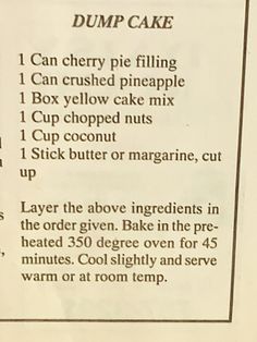 a recipe for dump cake with instructions on it