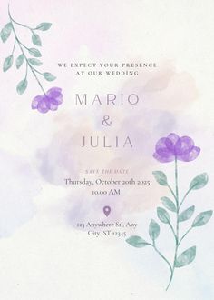 a wedding card with watercolor flowers and leaves on the front, in purple tones