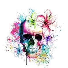 a skull with flowers on it's head and watercolor paint splatters