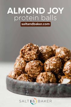 almond joy protein balls in a bowl with text overlay