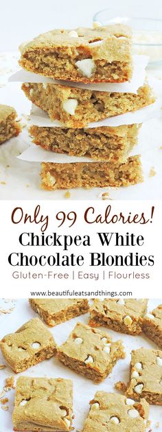 white chocolate blondies stacked on top of each other with the words, only 99 calories