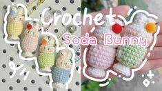 crochet soda bunny keychain with four different colors and designs on it