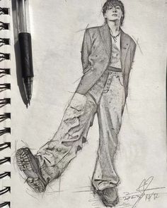 a pencil drawing of a man with his foot on the ground next to a pen