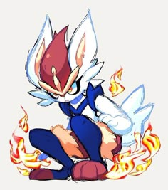 an image of a cartoon character sitting in front of some fire and flames on the ground