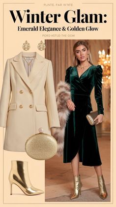 Green Velvet Dress Outfit, Gold Party Outfit, Winter Party Style, Party Outfit For Women, Cream Wool Coat, Velvet Dresses Outfit, Black Dress Winter, Emerald Green Velvet Dress, Cream Color Palette