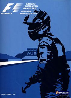 an advertisement for the australian grand prix featuring a man in a racing suit and helmet