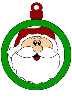 a christmas ornament with a santa clause on it's face and a green circle