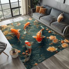 a living room filled with furniture and a rug covered in koi fish