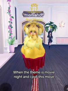 an animated image of a woman in a cupcake costume on the floor with text that reads, when the theme is movie night and i pull this move